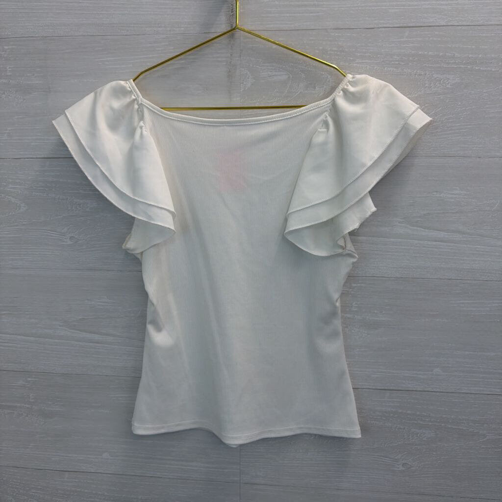 White Ribbed Short Flutter Sleeve Top Small