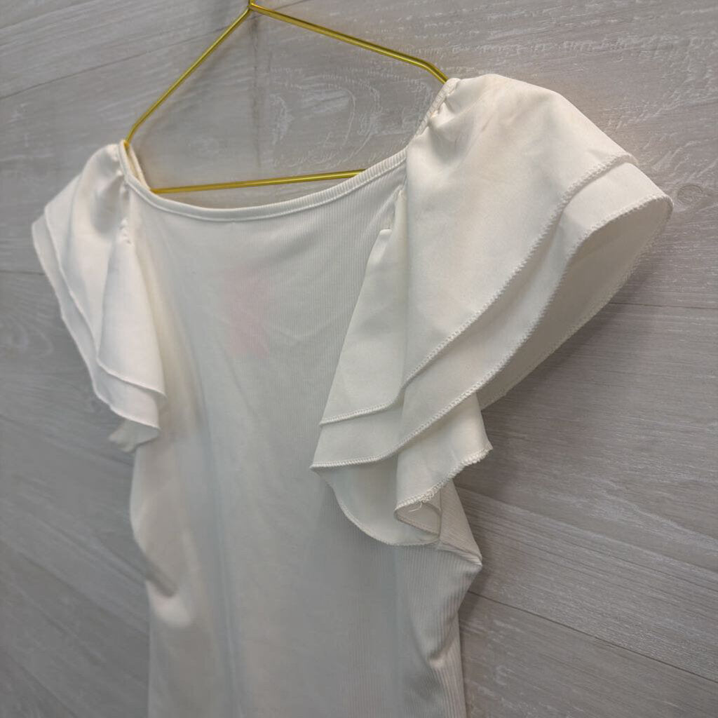 White Ribbed Short Flutter Sleeve Top Small