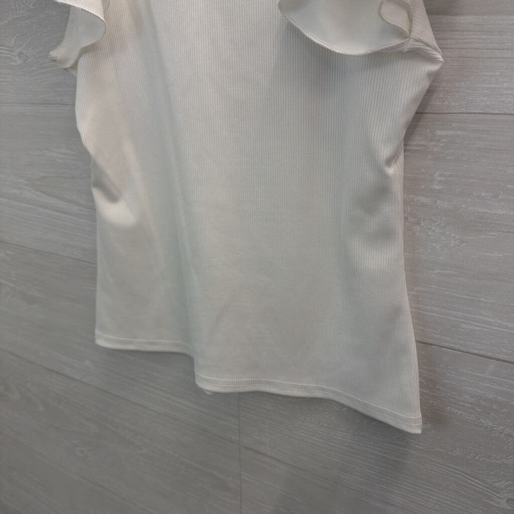 White Ribbed Short Flutter Sleeve Top Small