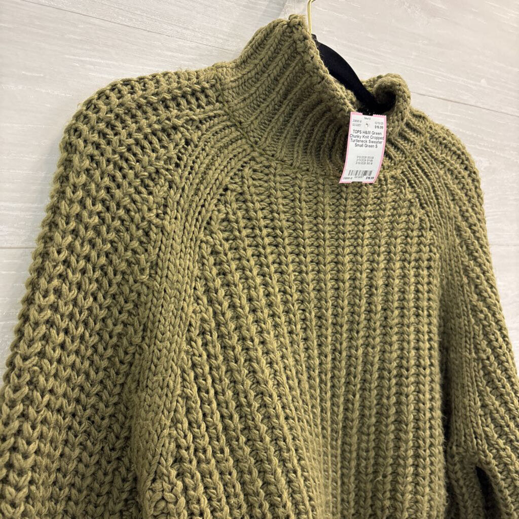 Green Chunky Knit Cropped Turtleneck Sweater Small