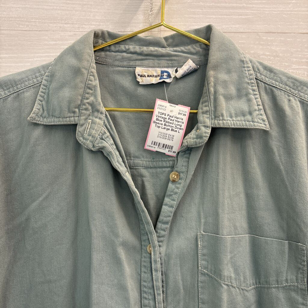 Vintage Paul Harris Blue Ribbed Long Sleeve Button Down Top Large