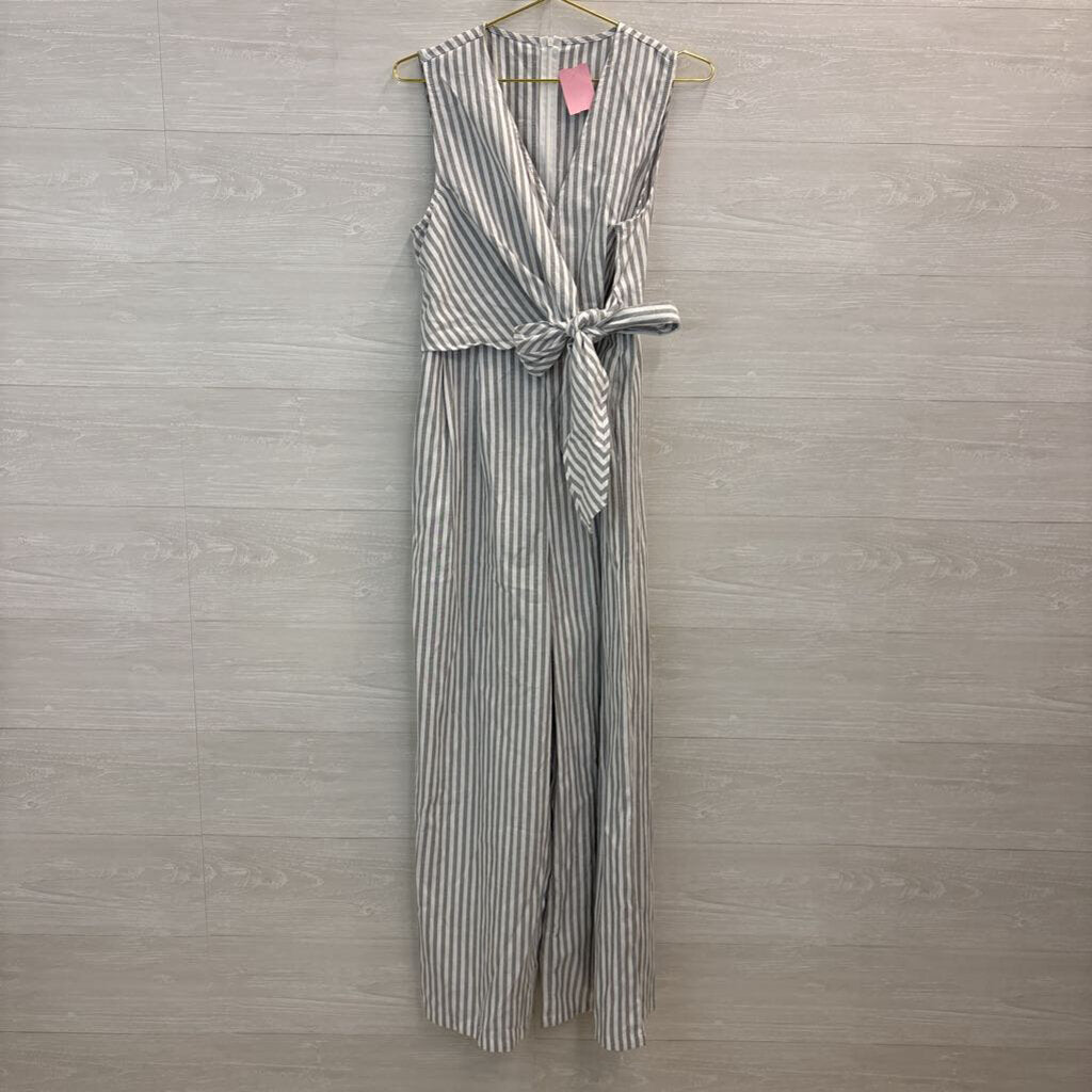 Cider White/ Grey Striped Sleeveless Wrap Jumpsuit Large