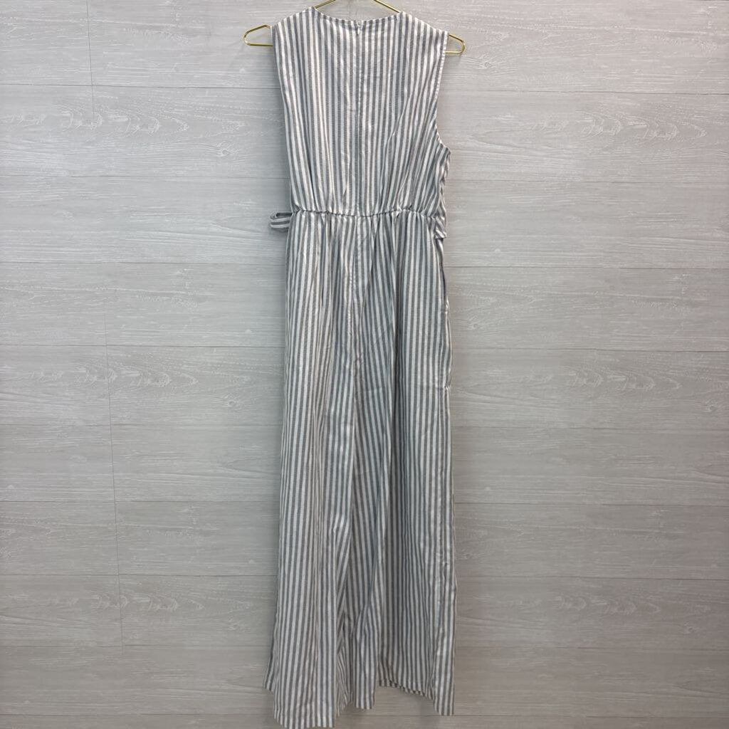 Cider White/ Grey Striped Sleeveless Wrap Jumpsuit Large