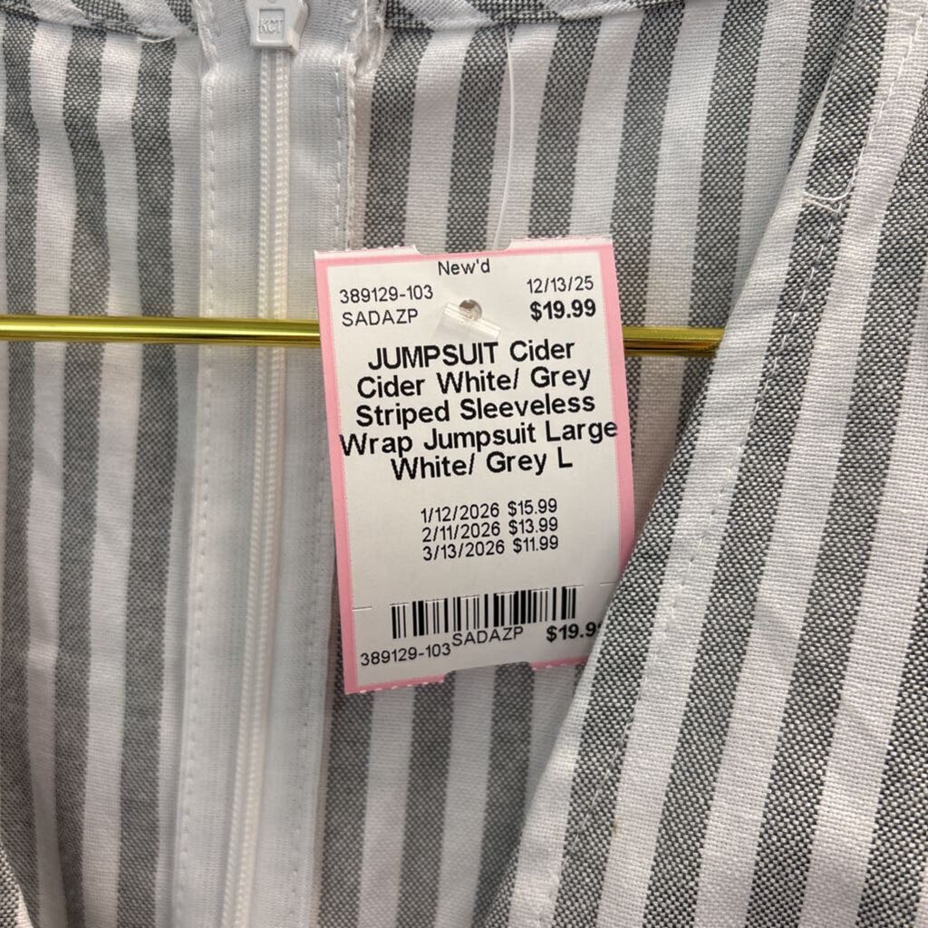 Cider White/ Grey Striped Sleeveless Wrap Jumpsuit Large