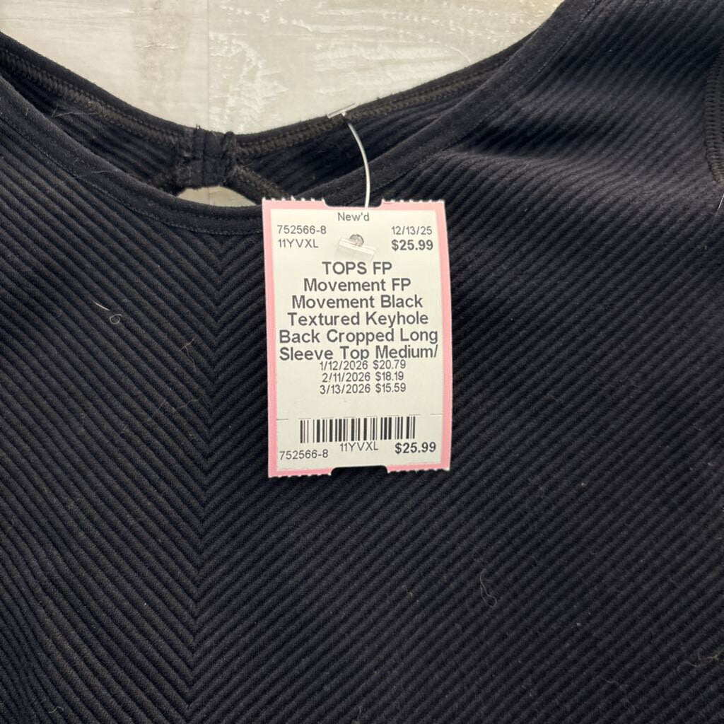 FP Movement Black Textured Keyhole Back Cropped Long Sleeve Top Medium/ Large