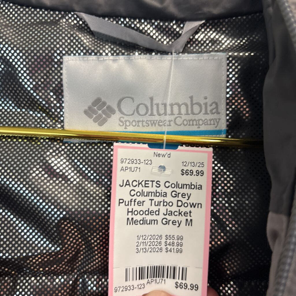 Columbia Grey Puffer Turbo Down Hooded Jacket Medium