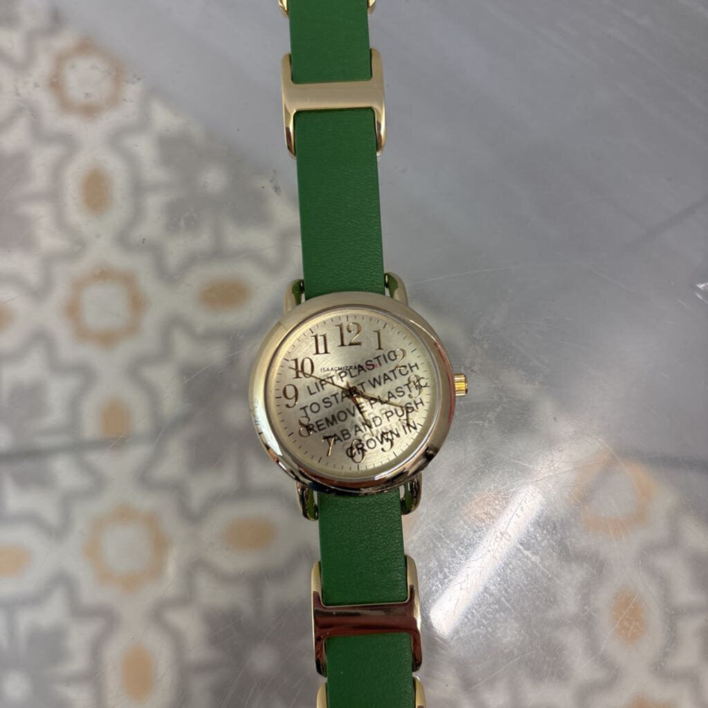 Isaac Mizrahi Live Green Leather Gold Detail Watch
