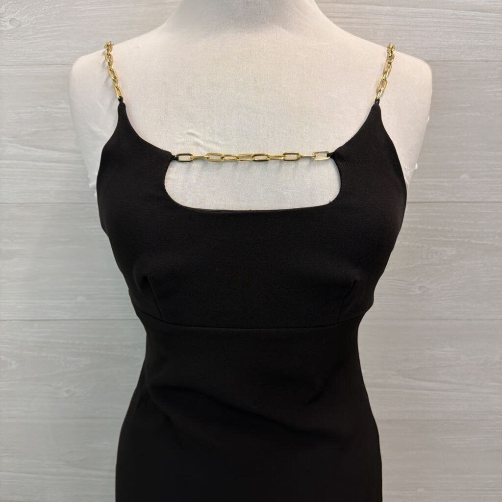 Halston Black Fitted Gold Chain Neckline Long Formal Dress 0