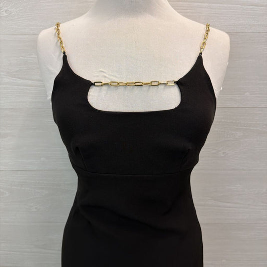 Halston Black Fitted Gold Chain Neckline Long Formal Dress 0