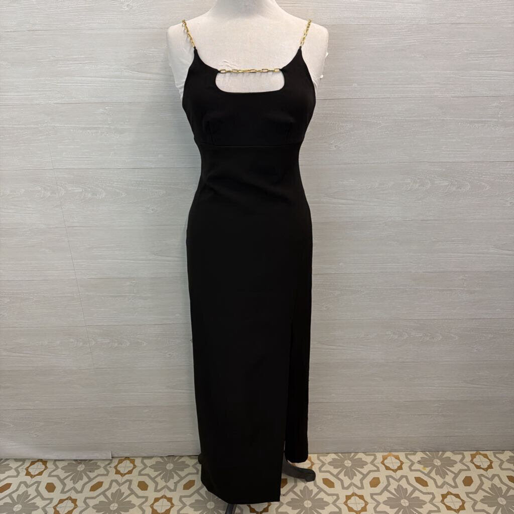 Halston Black Fitted Gold Chain Neckline Long Formal Dress 0