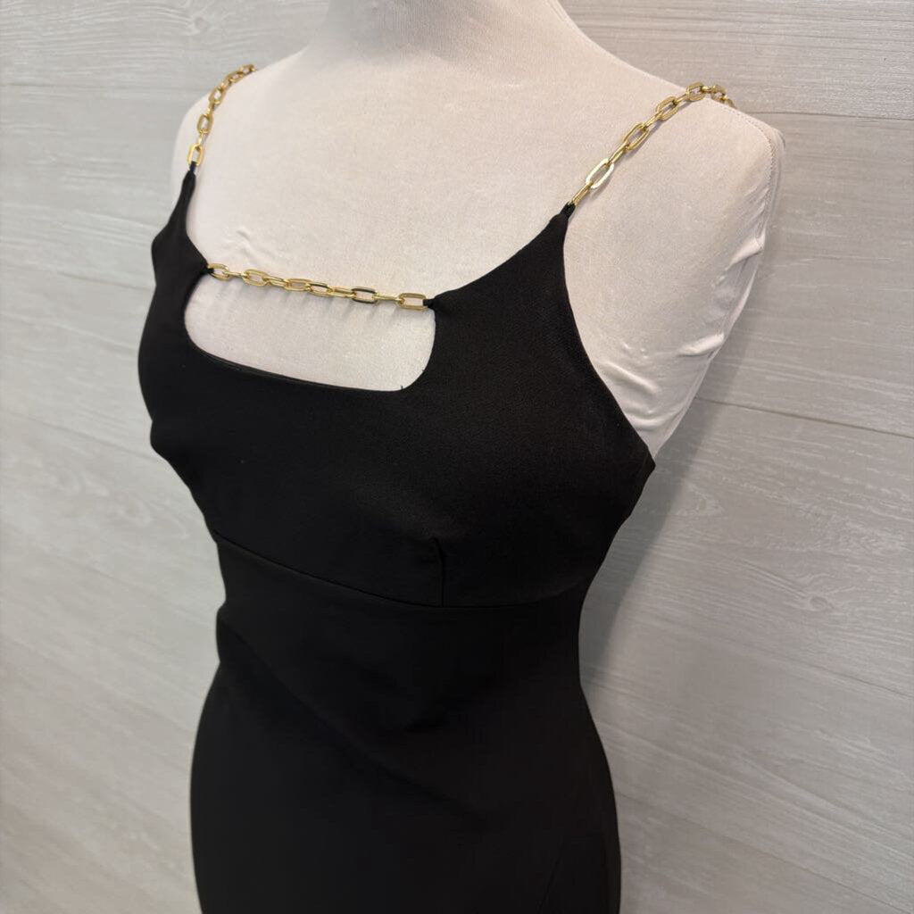 Halston Black Fitted Gold Chain Neckline Long Formal Dress 0