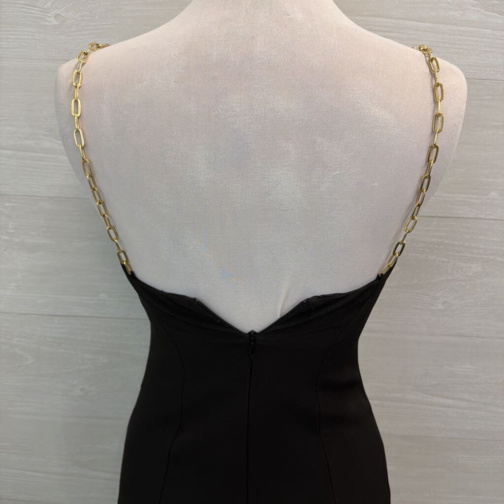Halston Black Fitted Gold Chain Neckline Long Formal Dress 0