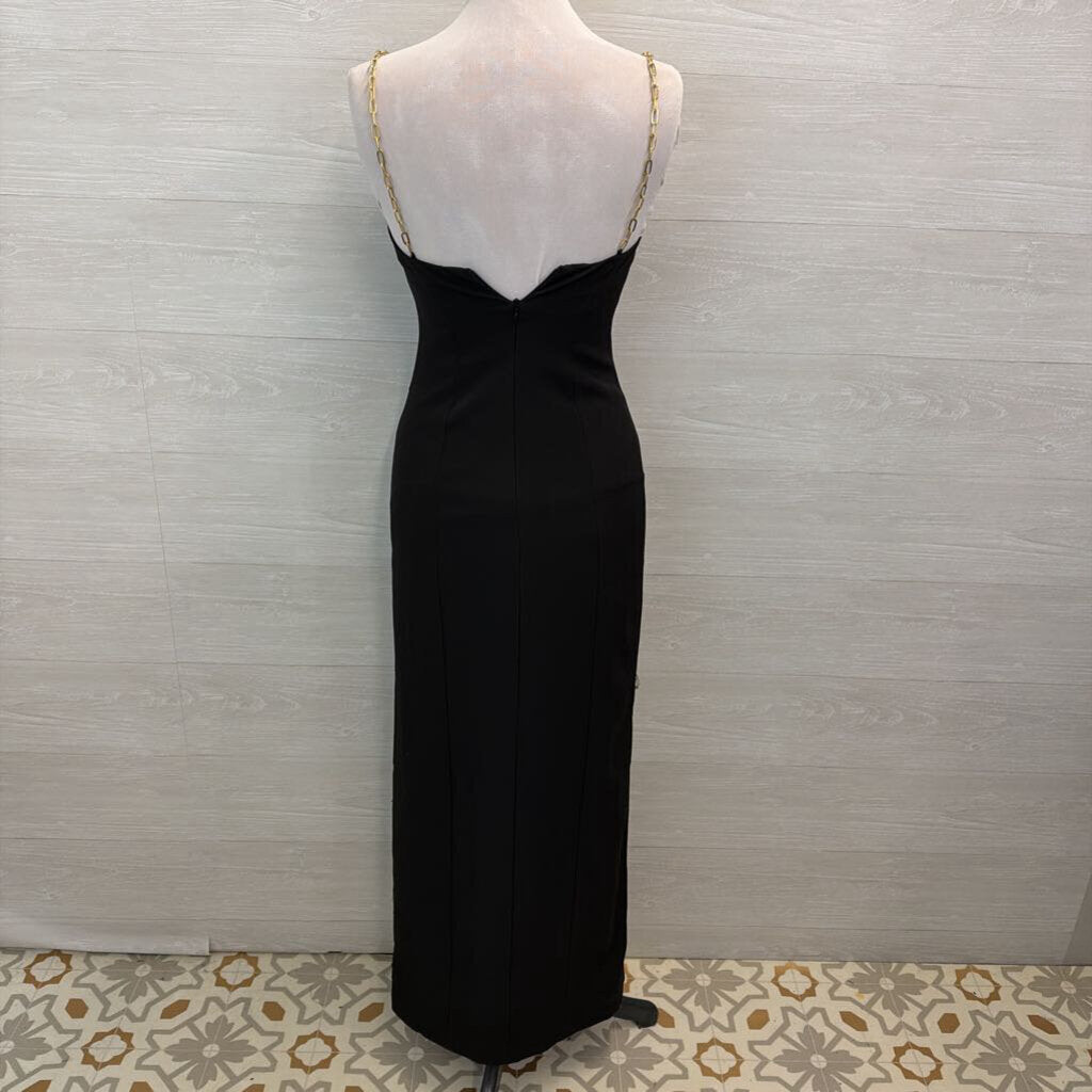 Halston Black Fitted Gold Chain Neckline Long Formal Dress 0