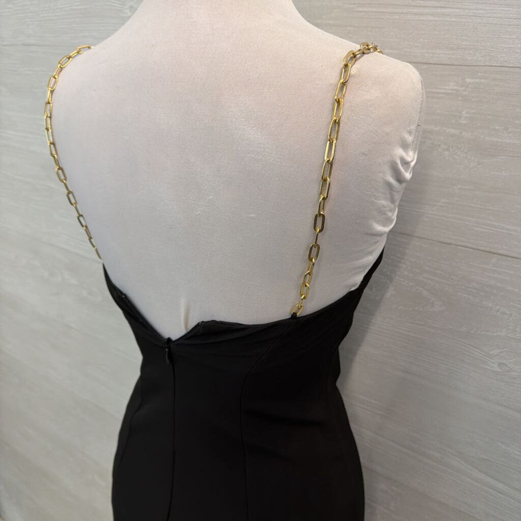 Halston Black Fitted Gold Chain Neckline Long Formal Dress 0