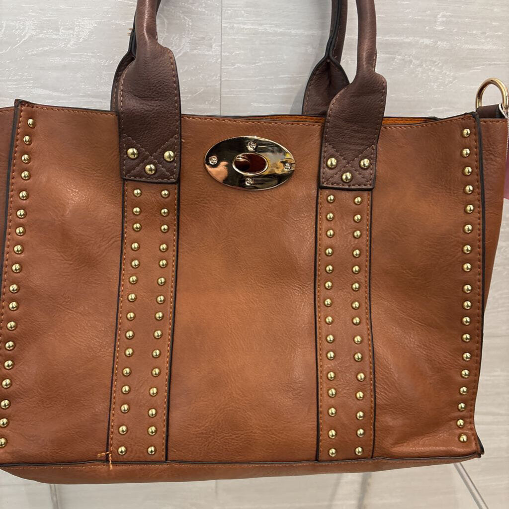 Empire Brown Leather Gold Studded Tote Purse