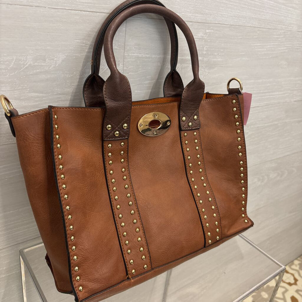 Empire Brown Leather Gold Studded Tote Purse