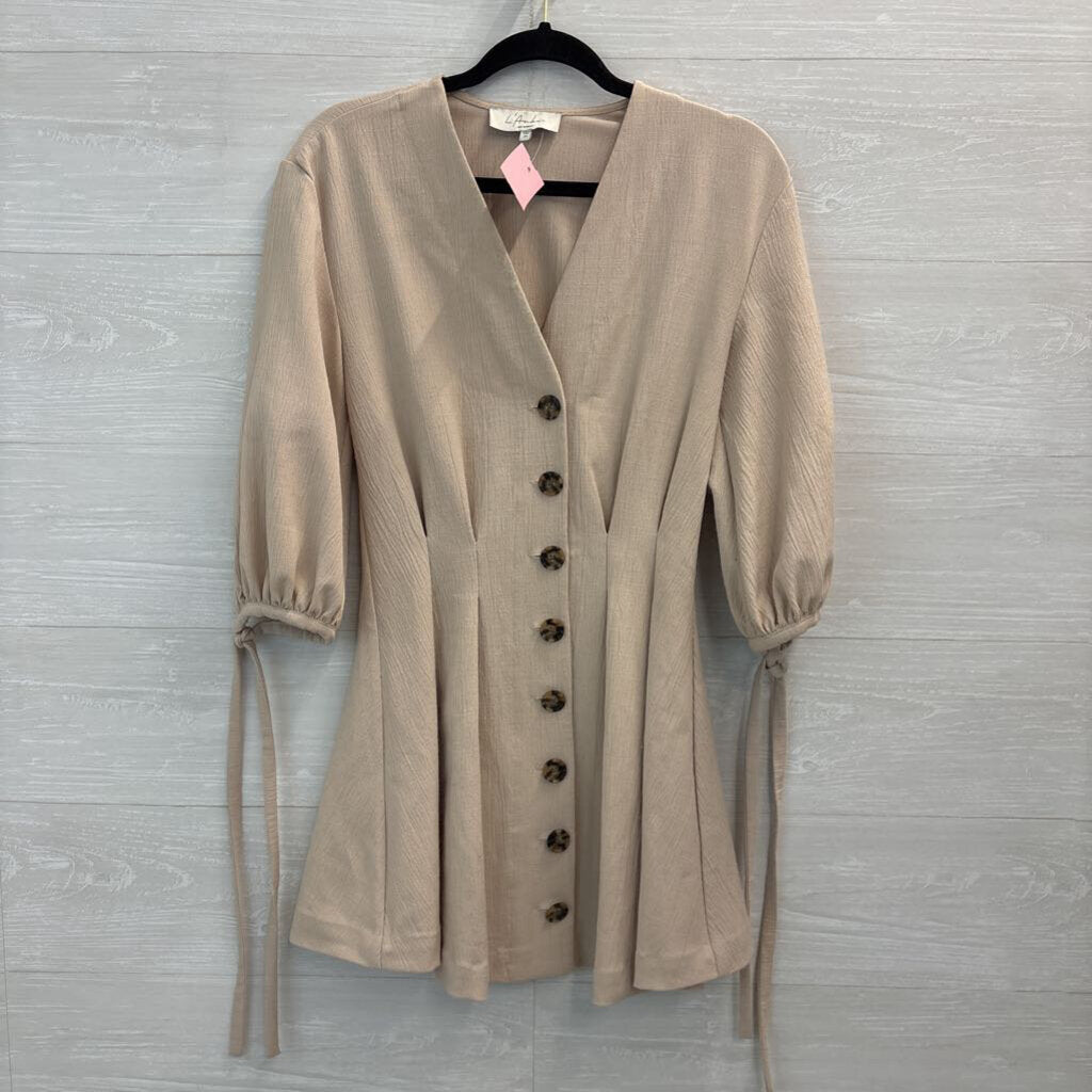 L'Academie Beige Long Puff Sleeve Button Front Dress XXS