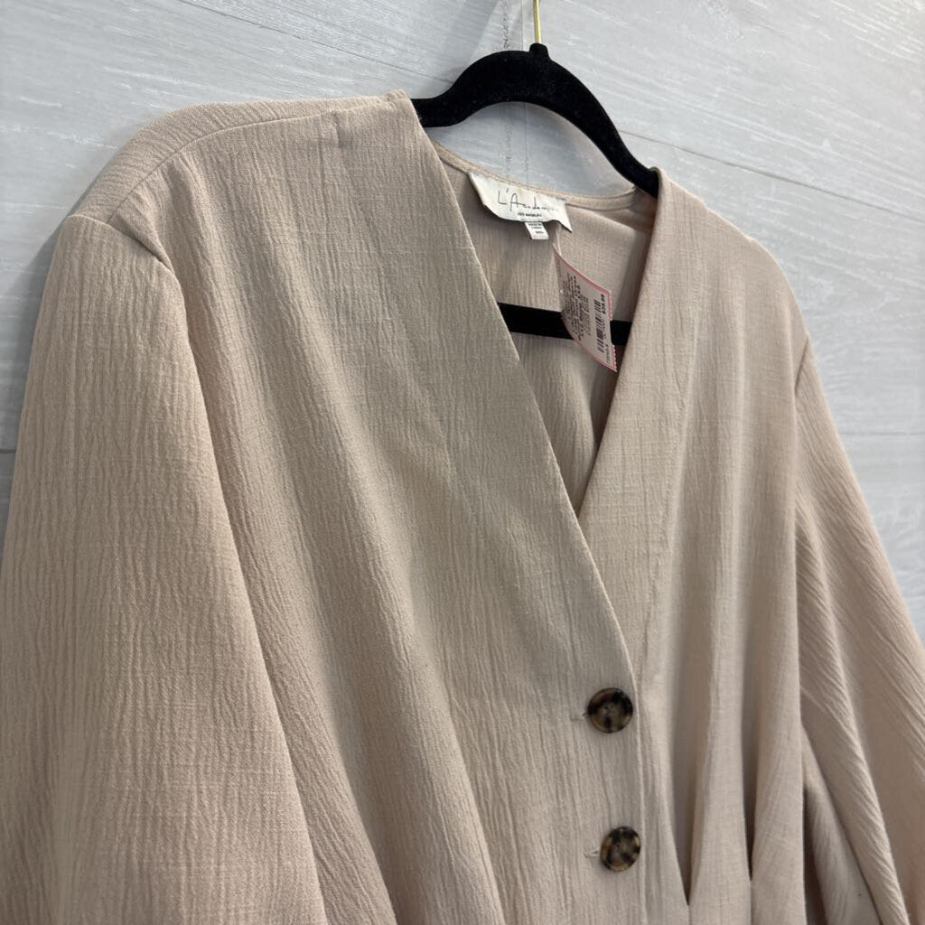 L'Academie Beige Long Puff Sleeve Button Front Dress XXS