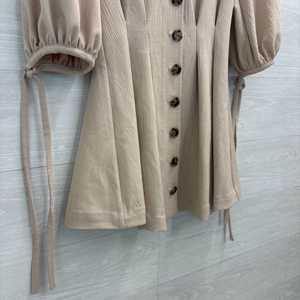 L'Academie Beige Long Puff Sleeve Button Front Dress XXS