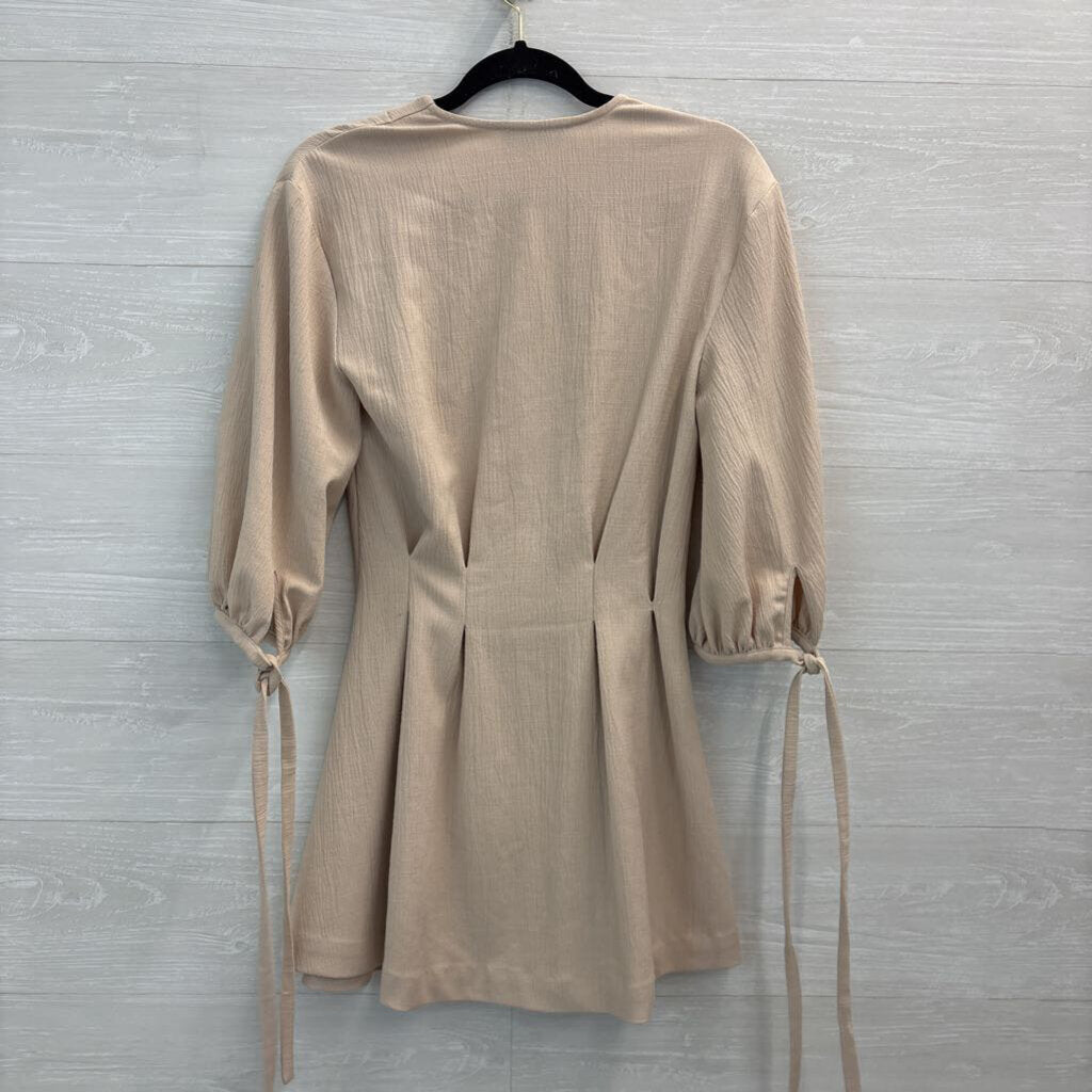 L'Academie Beige Long Puff Sleeve Button Front Dress XXS