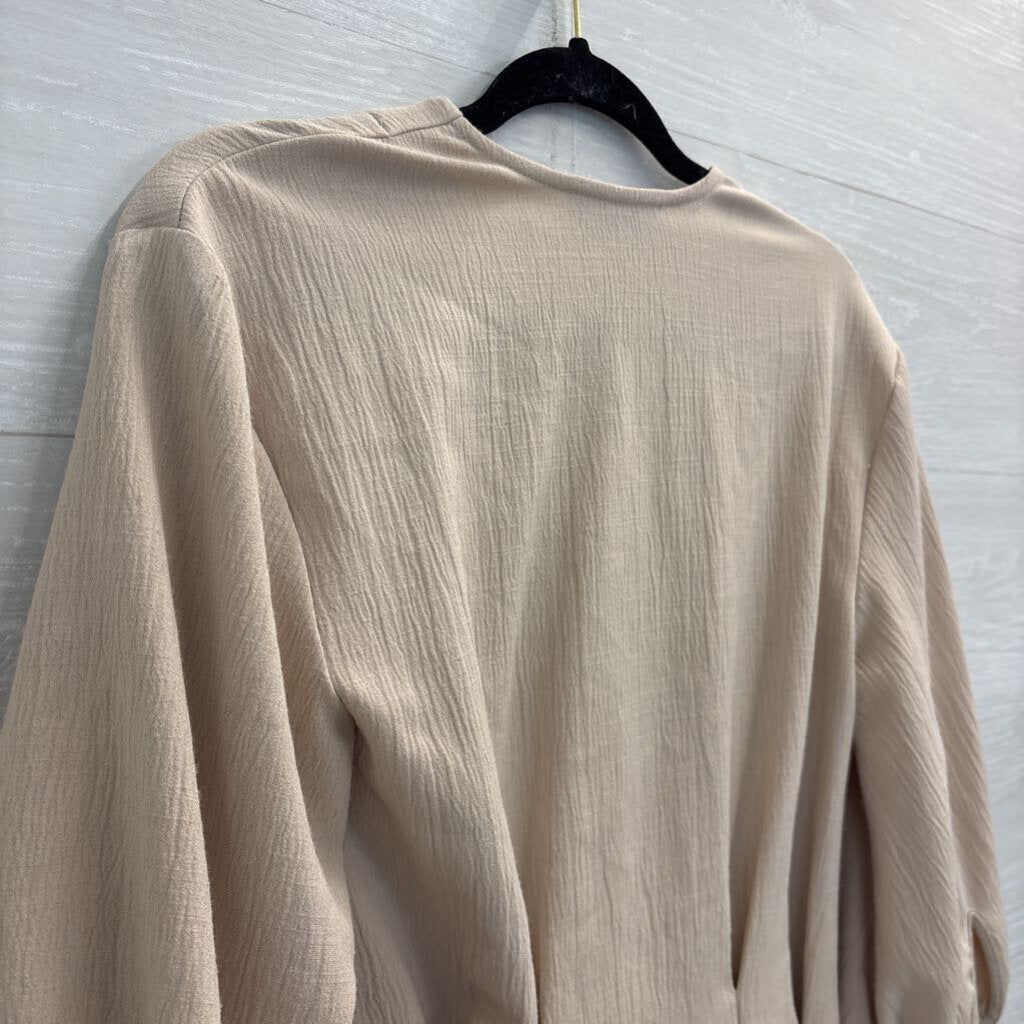L'Academie Beige Long Puff Sleeve Button Front Dress XXS
