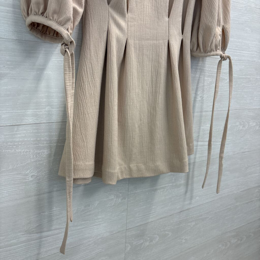 L'Academie Beige Long Puff Sleeve Button Front Dress XXS