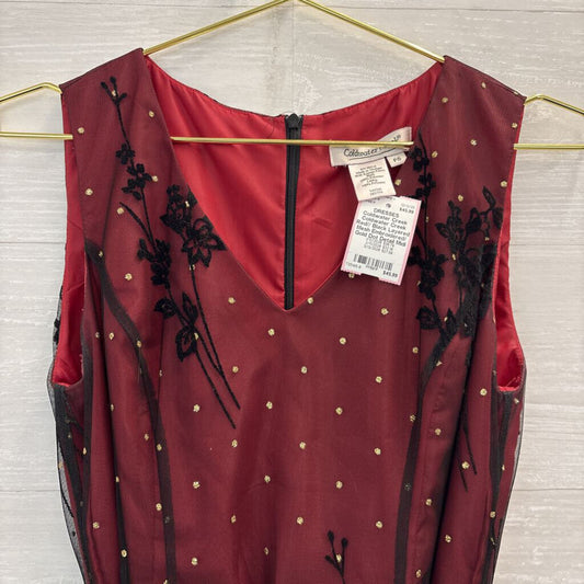 Coldwater Creek Red// Black Layered Mesh Embroidered/ Gold Dot Detail Midi Dress 6 Petite