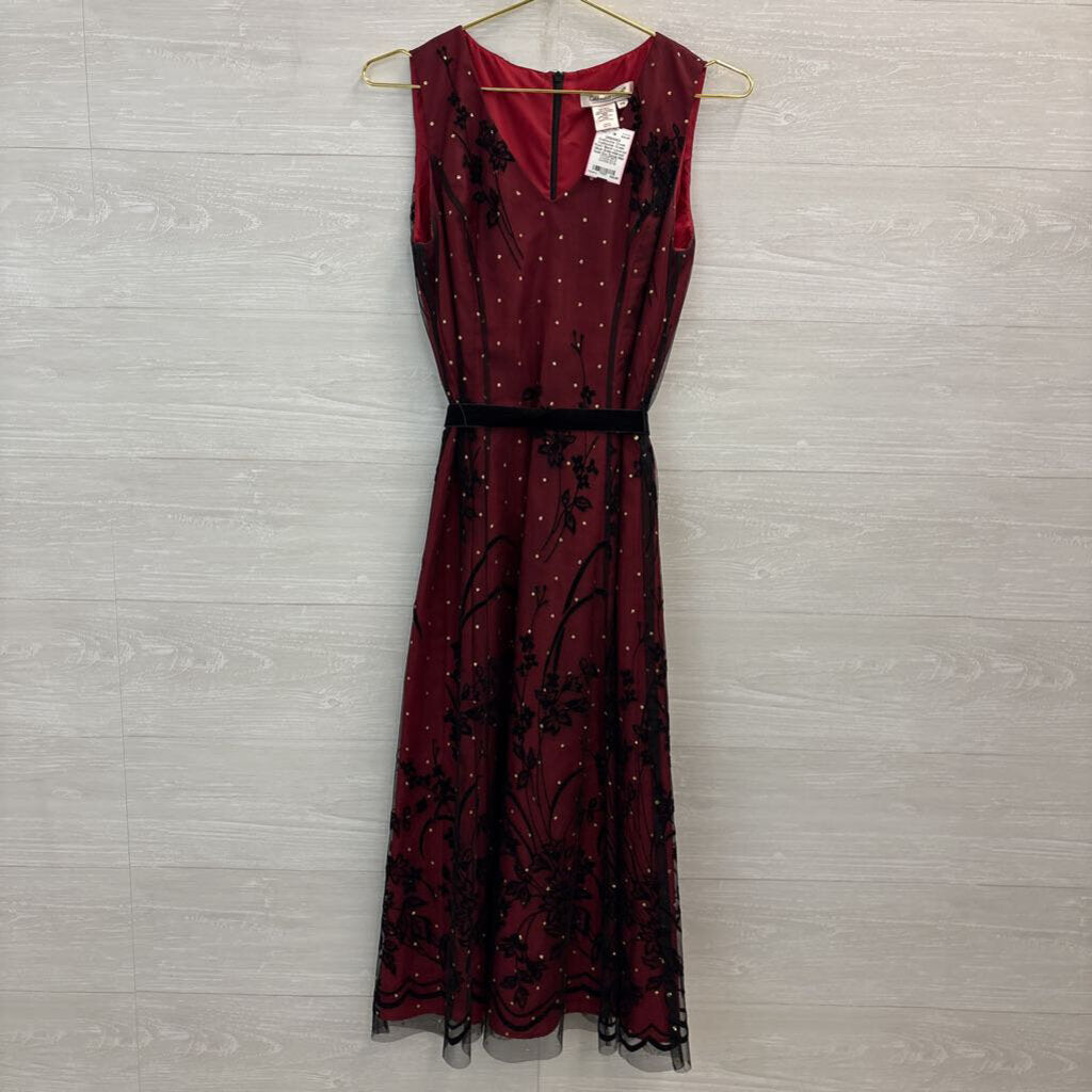 Coldwater Creek Red// Black Layered Mesh Embroidered/ Gold Dot Detail Midi Dress 6 Petite