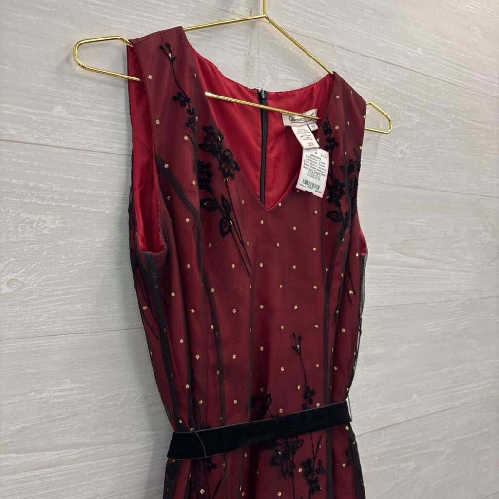 Coldwater Creek Red// Black Layered Mesh Embroidered/ Gold Dot Detail Midi Dress 6 Petite