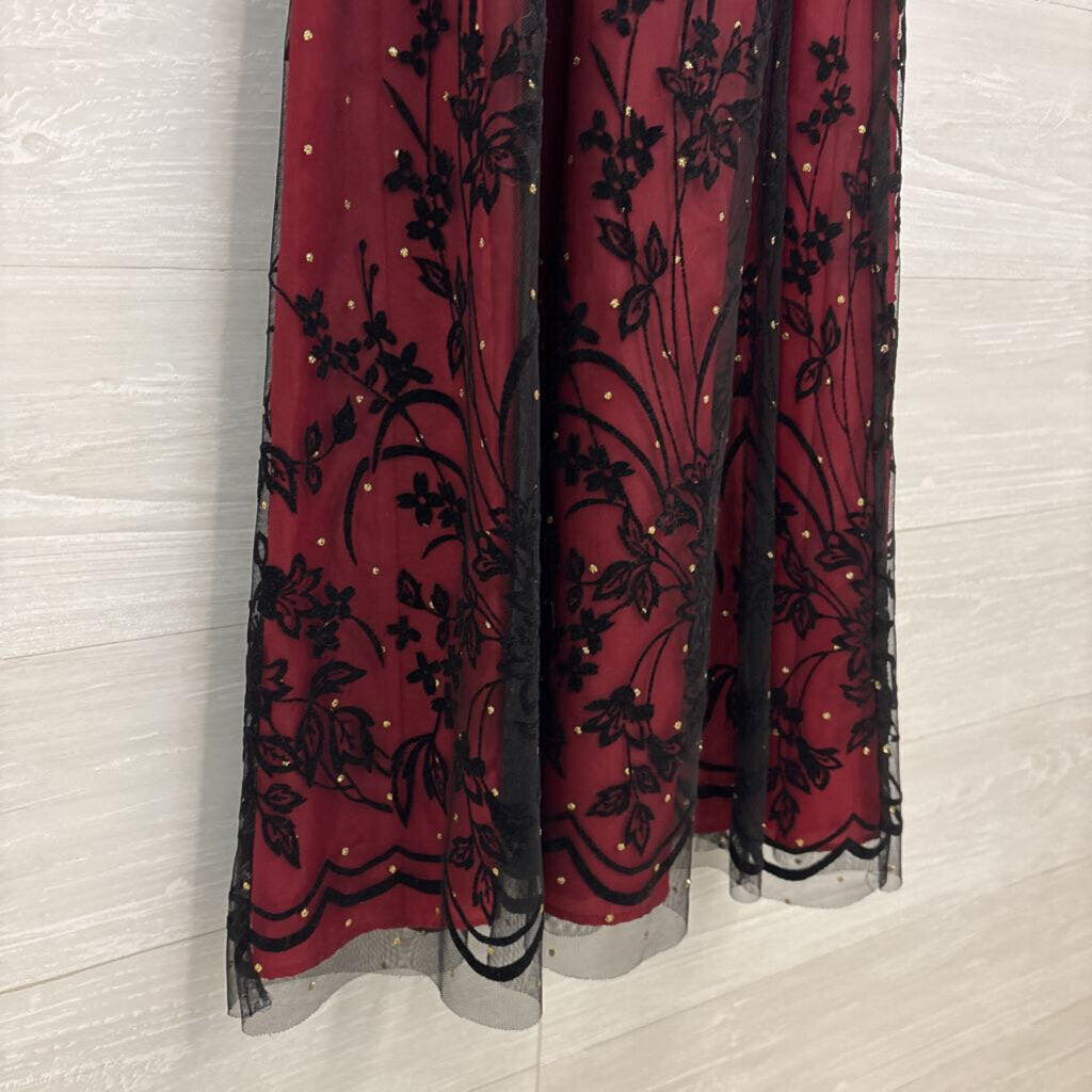 Coldwater Creek Red// Black Layered Mesh Embroidered/ Gold Dot Detail Midi Dress 6 Petite