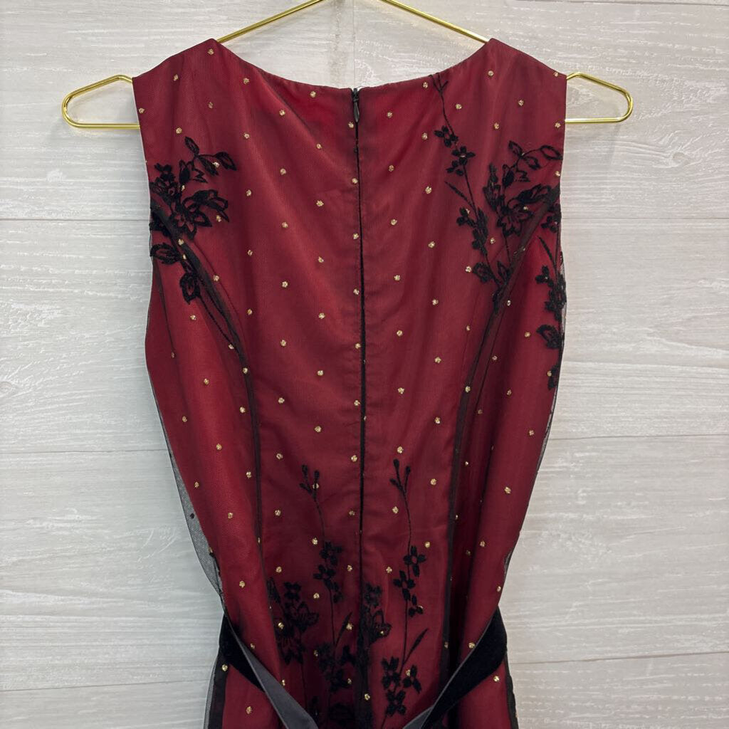 Coldwater Creek Red// Black Layered Mesh Embroidered/ Gold Dot Detail Midi Dress 6 Petite