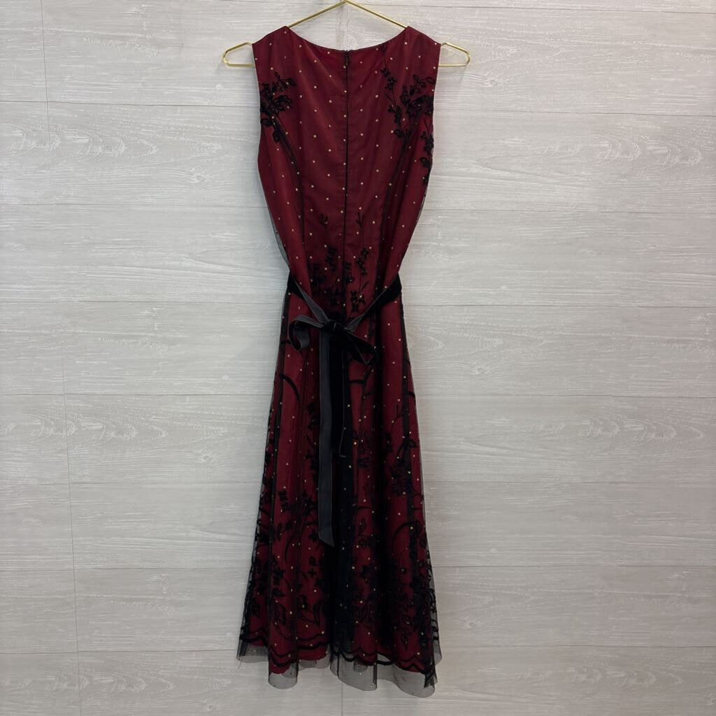 Coldwater Creek Red// Black Layered Mesh Embroidered/ Gold Dot Detail Midi Dress 6 Petite