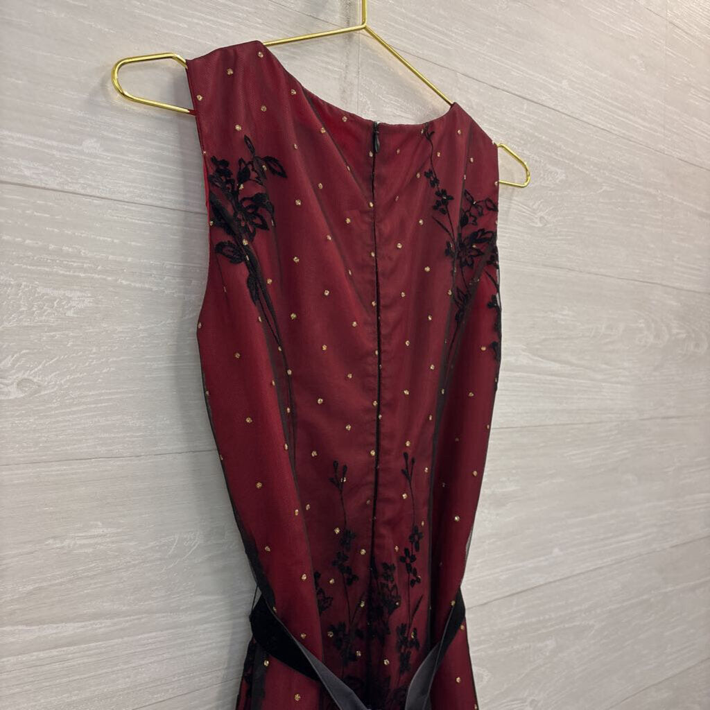 Coldwater Creek Red// Black Layered Mesh Embroidered/ Gold Dot Detail Midi Dress 6 Petite