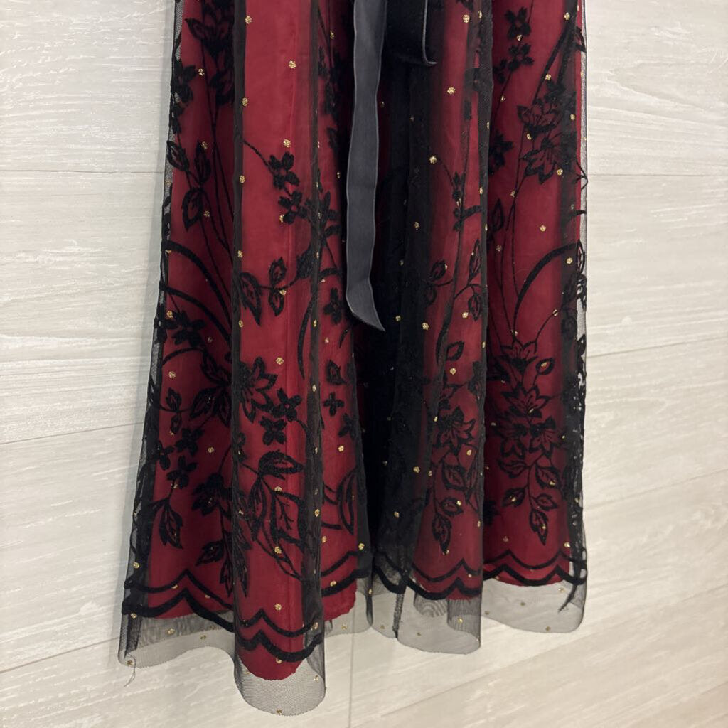 Coldwater Creek Red// Black Layered Mesh Embroidered/ Gold Dot Detail Midi Dress 6 Petite