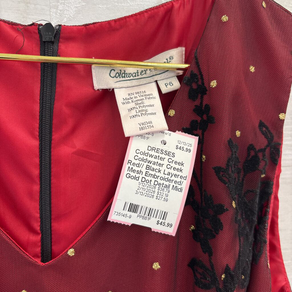 Coldwater Creek Red// Black Layered Mesh Embroidered/ Gold Dot Detail Midi Dress 6 Petite