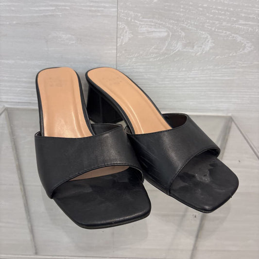 Black Leather Square Toe Slip On Sandal Heels 7