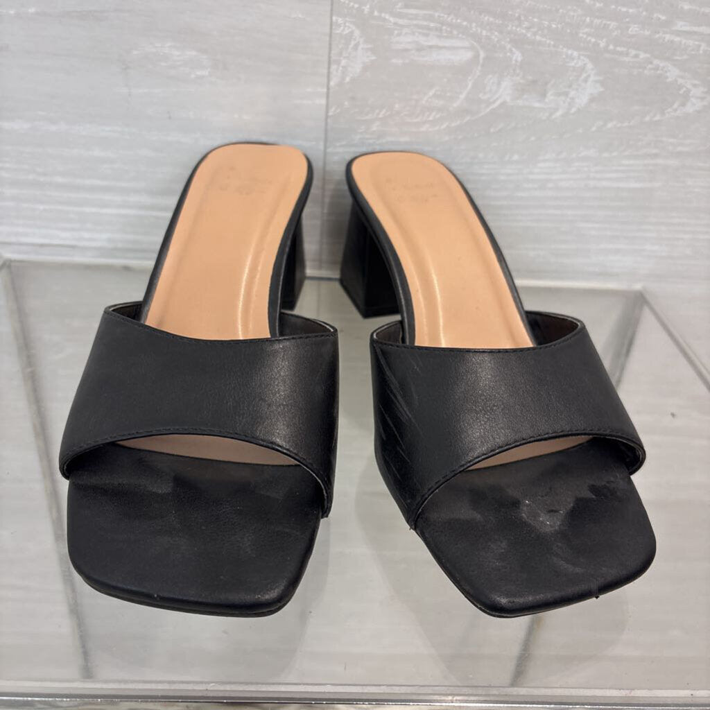 Black Leather Square Toe Slip On Sandal Heels 7