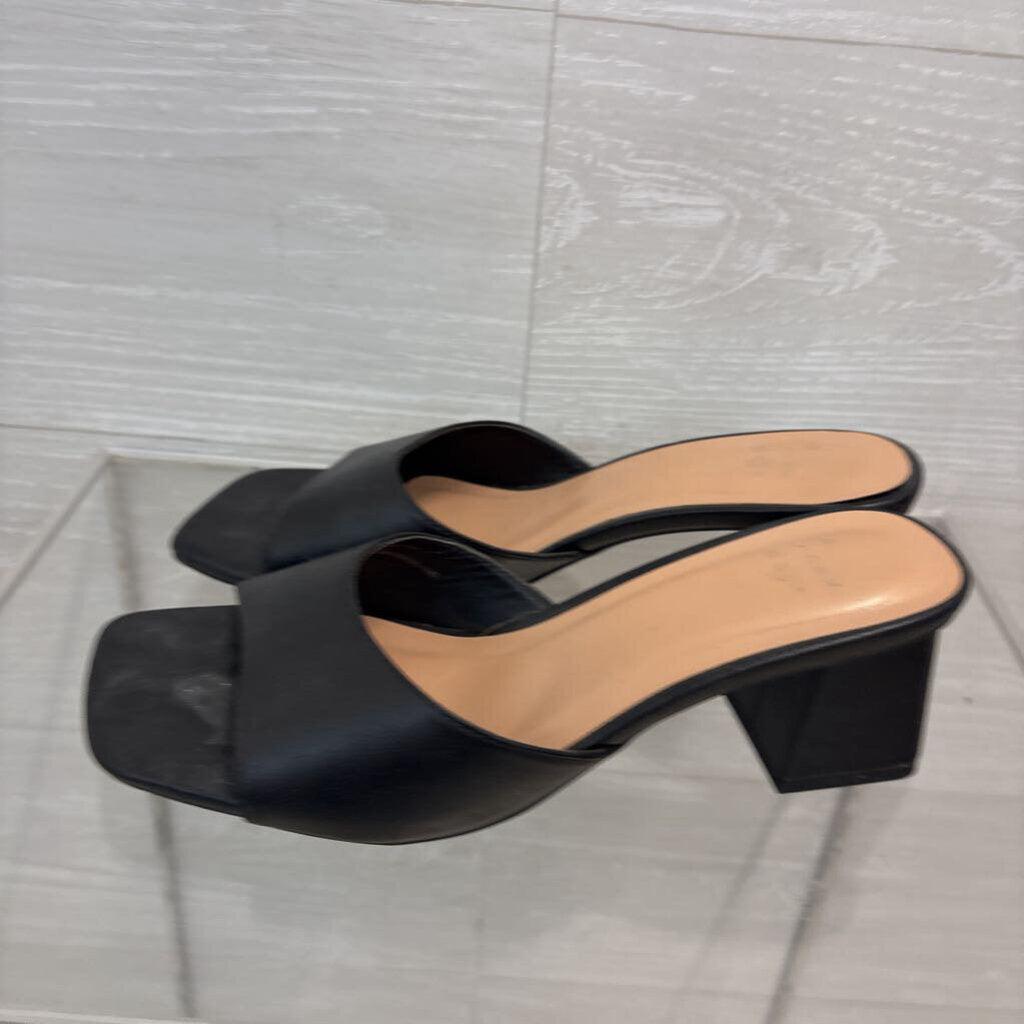 Black Leather Square Toe Slip On Sandal Heels 7