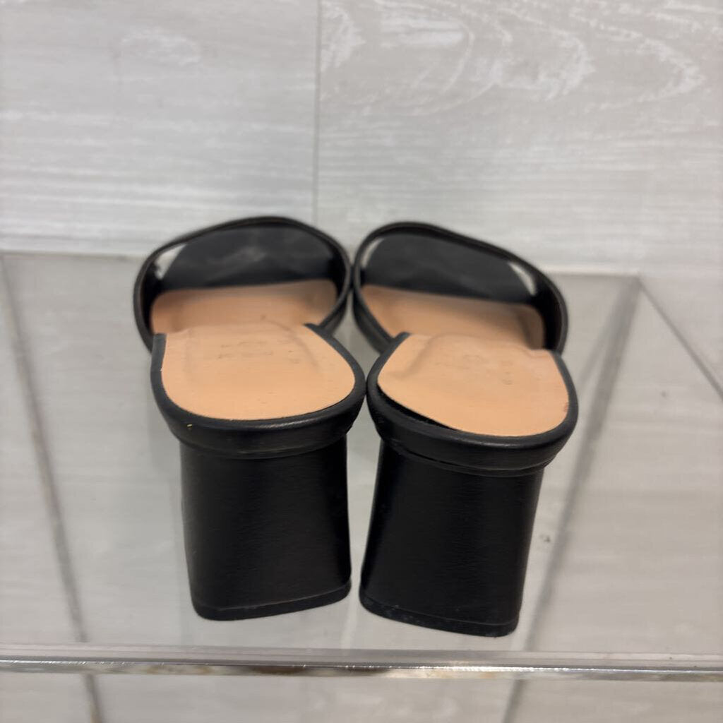 Black Leather Square Toe Slip On Sandal Heels 7