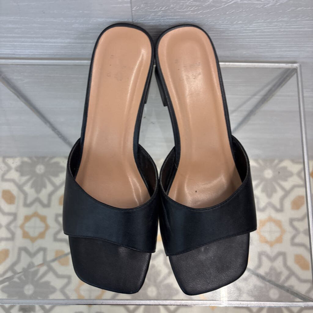 Black Leather Square Toe Slip On Sandal Heels 7