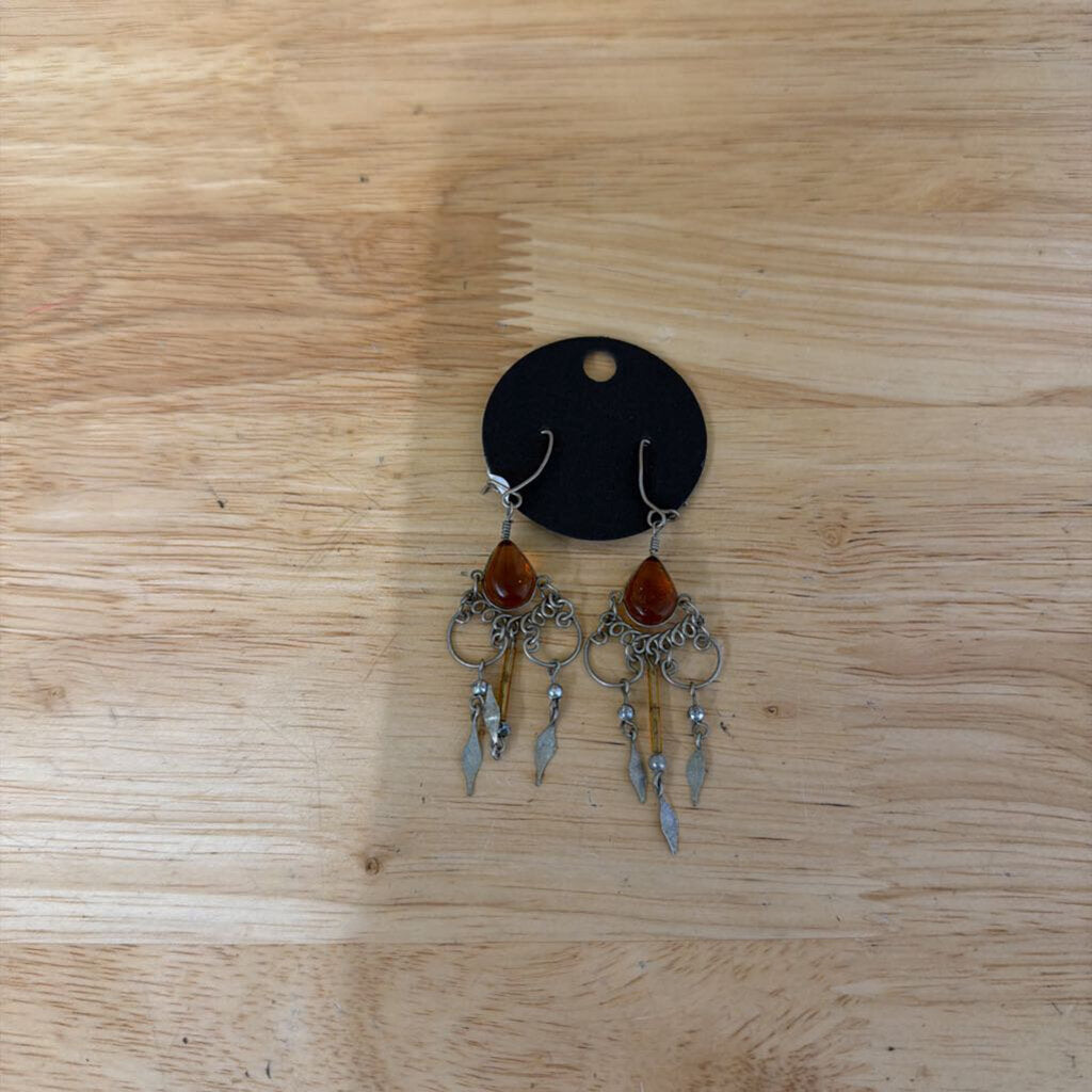 Silver/ Amber Stone Dangle Statement Earrings