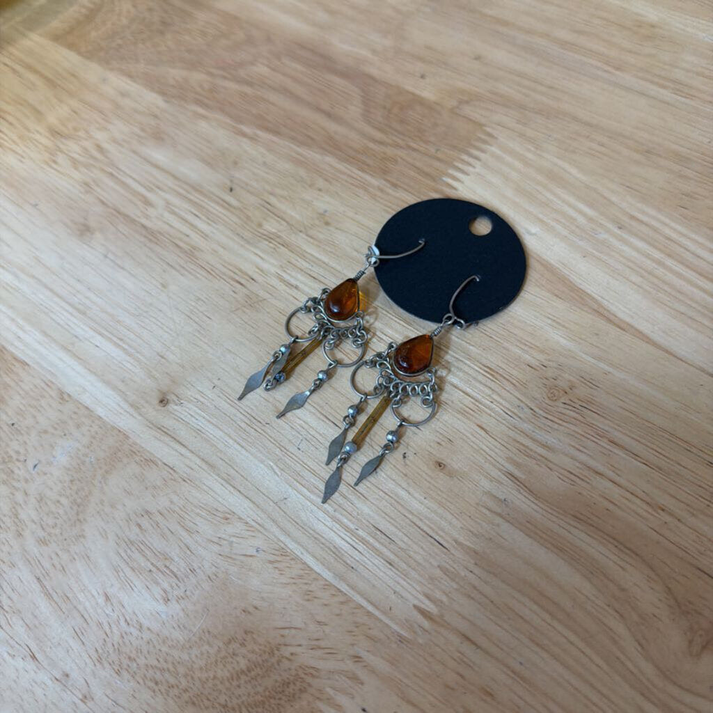 Silver/ Amber Stone Dangle Statement Earrings