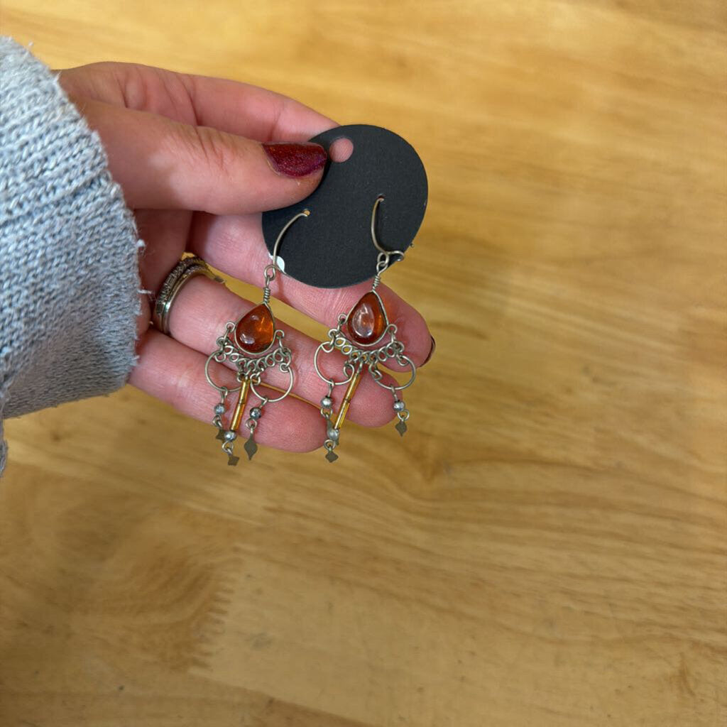 Silver/ Amber Stone Dangle Statement Earrings