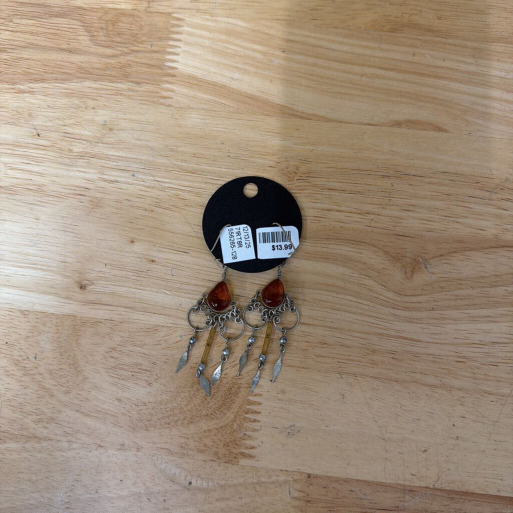 Silver/ Amber Stone Dangle Statement Earrings