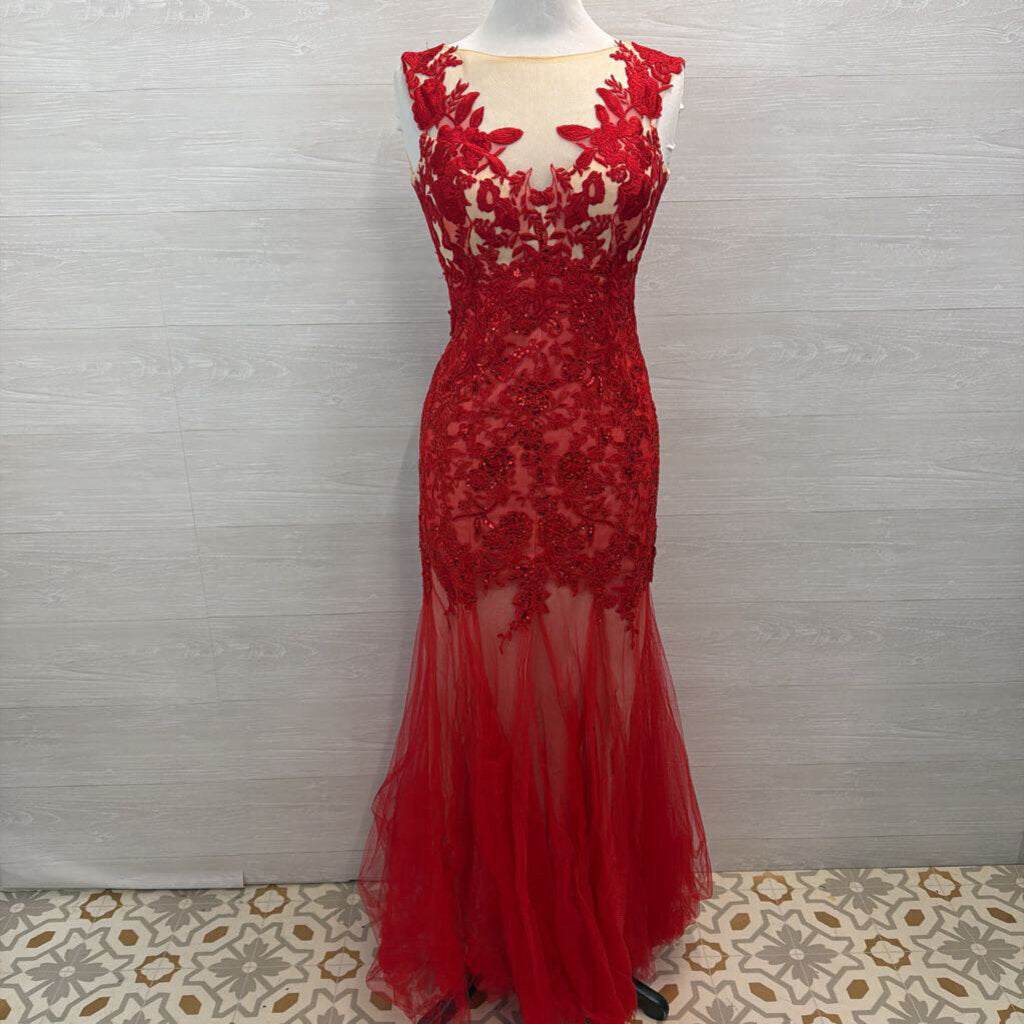 Clarisse Red Lace Long Formal Dress 3/4