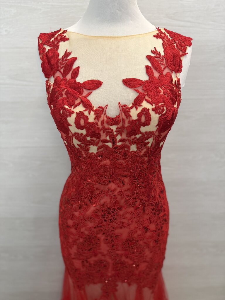 Clarisse Red Lace Long Formal Dress 3/4