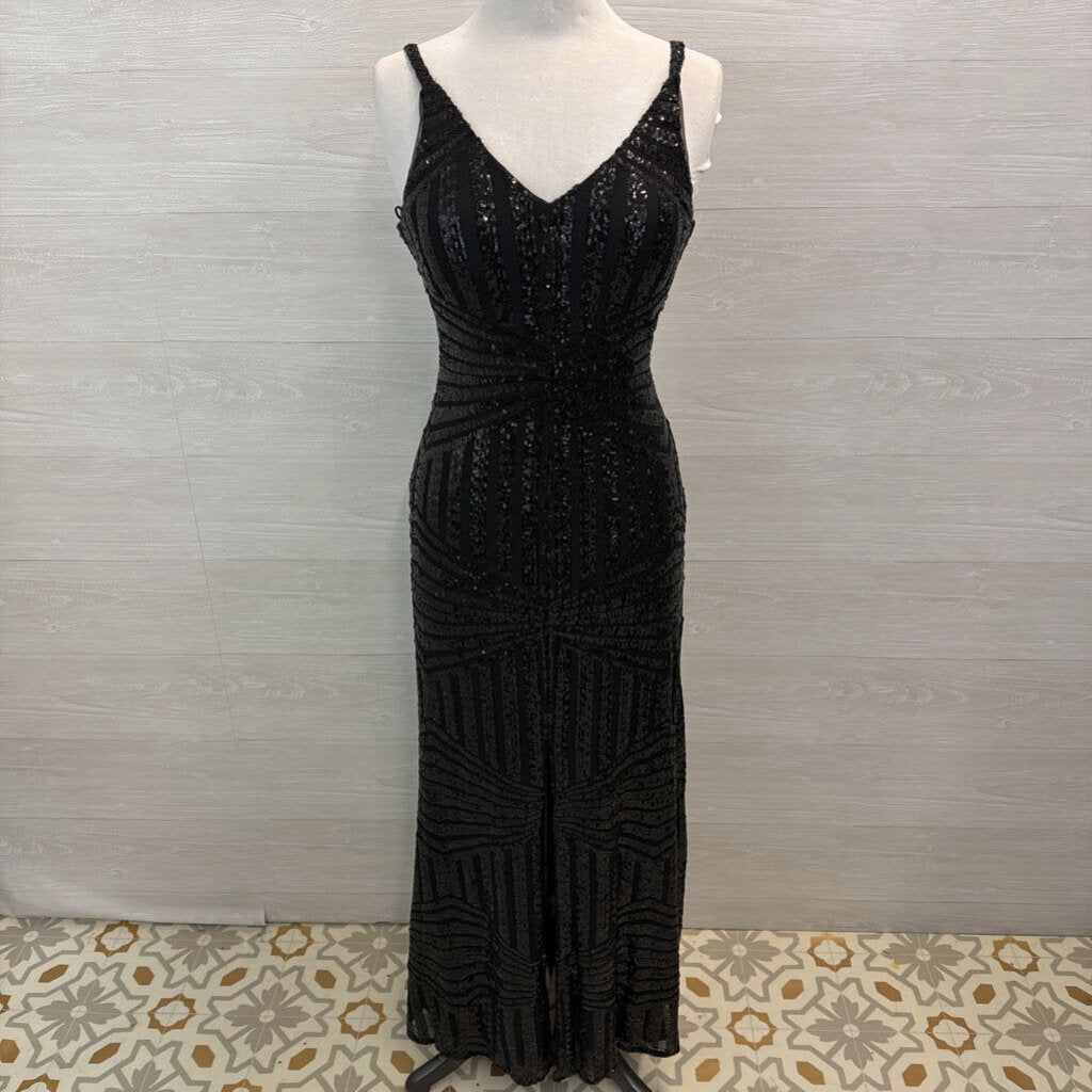 Nightway Black Sequin Print Long Formal Dress 8