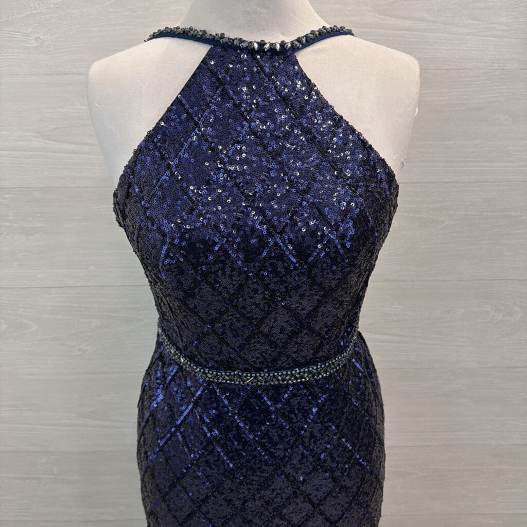 Jovani Navy Sequin High Neck Sheer Hem Long Formal Dress 6