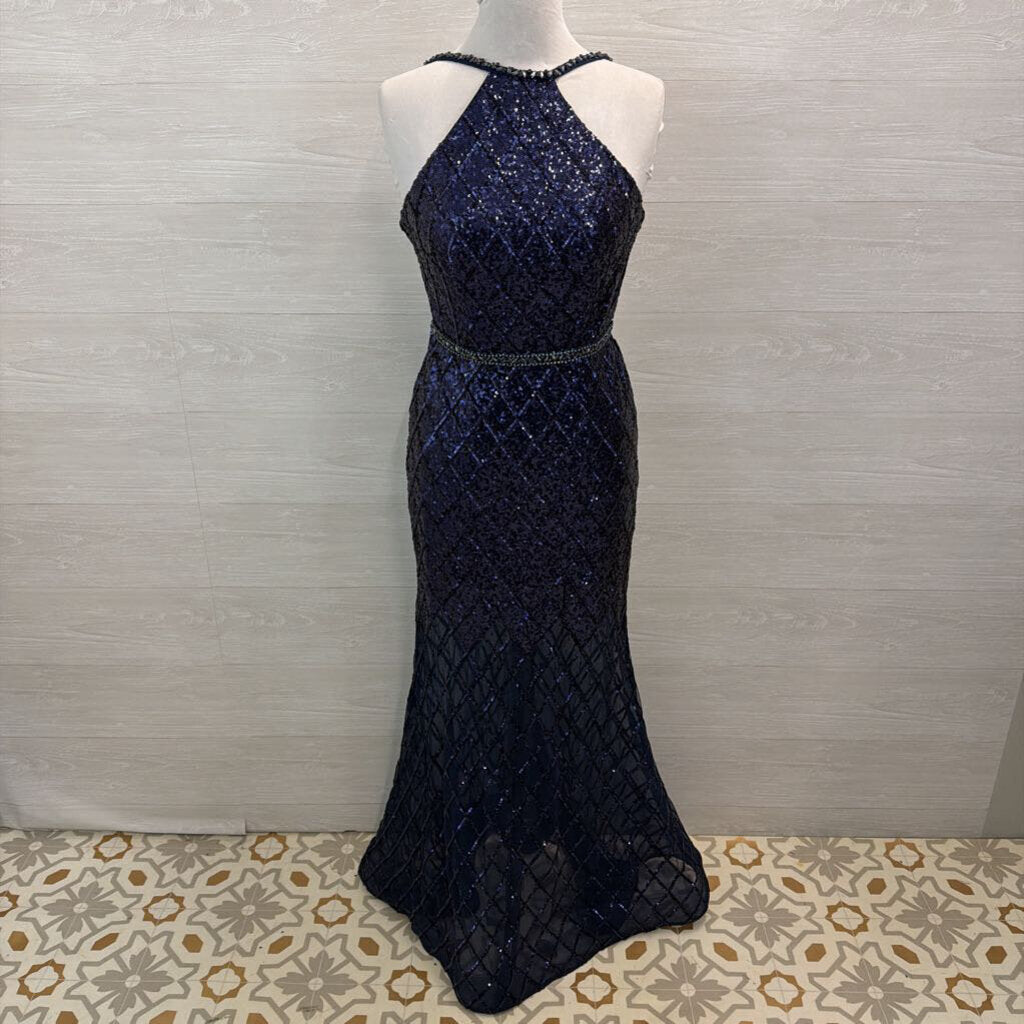 Jovani Navy Sequin High Neck Sheer Hem Long Formal Dress 6