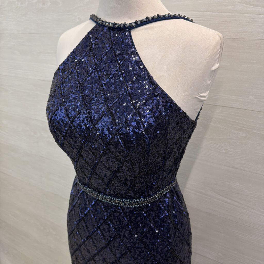 Jovani Navy Sequin High Neck Sheer Hem Long Formal Dress 6